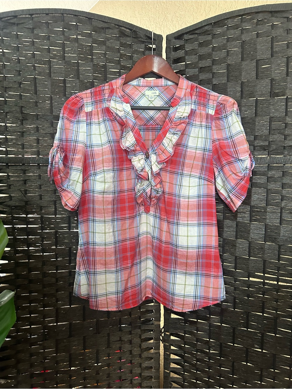 Odille Anthropologie red plaid ruffle blouse farmer ranch